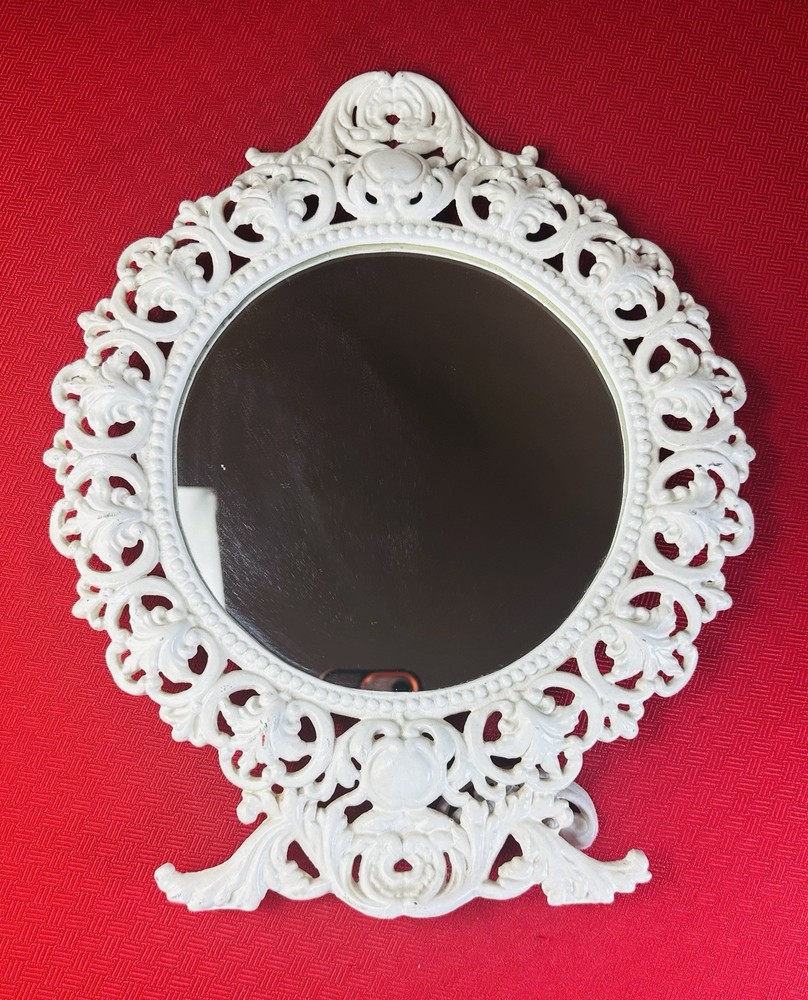 Large Ornate White Cast Iron Vanity Mirror Scroll Frame Tabletop Easel Stand
