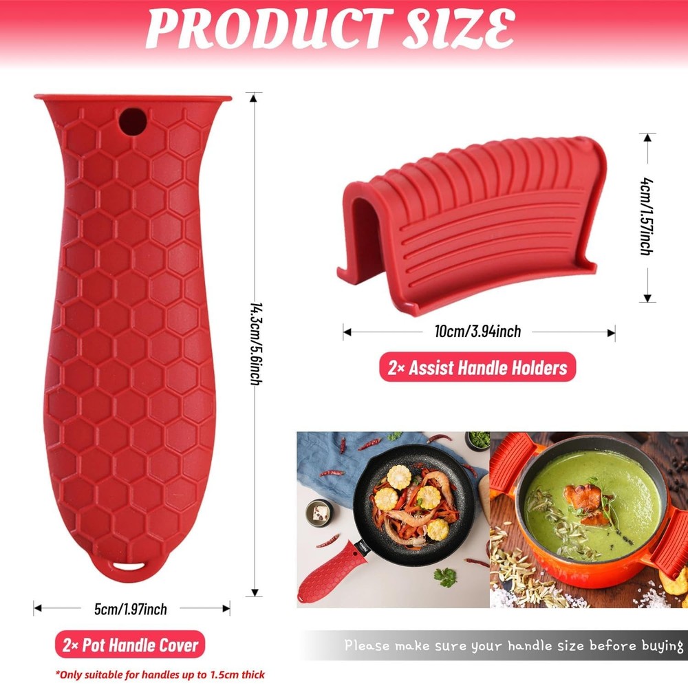 4 Pack Silicone Hot Handle Holder Cover Cast Iron 2L, Red