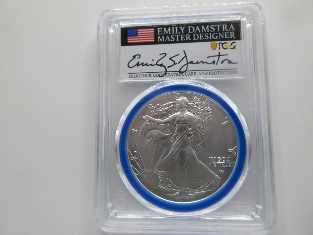 2022-W Burnished Silver Eagle Advanced Release; Mint Designer Damstra PCGS SP70