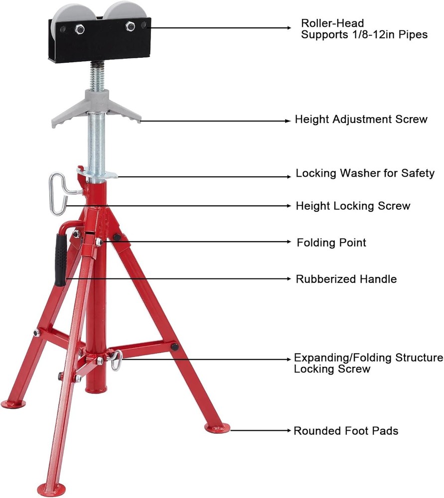 Roller Head Pipe Stand Foldable Jack Stand 28"-52" Height 12 in Load 2500 lbs