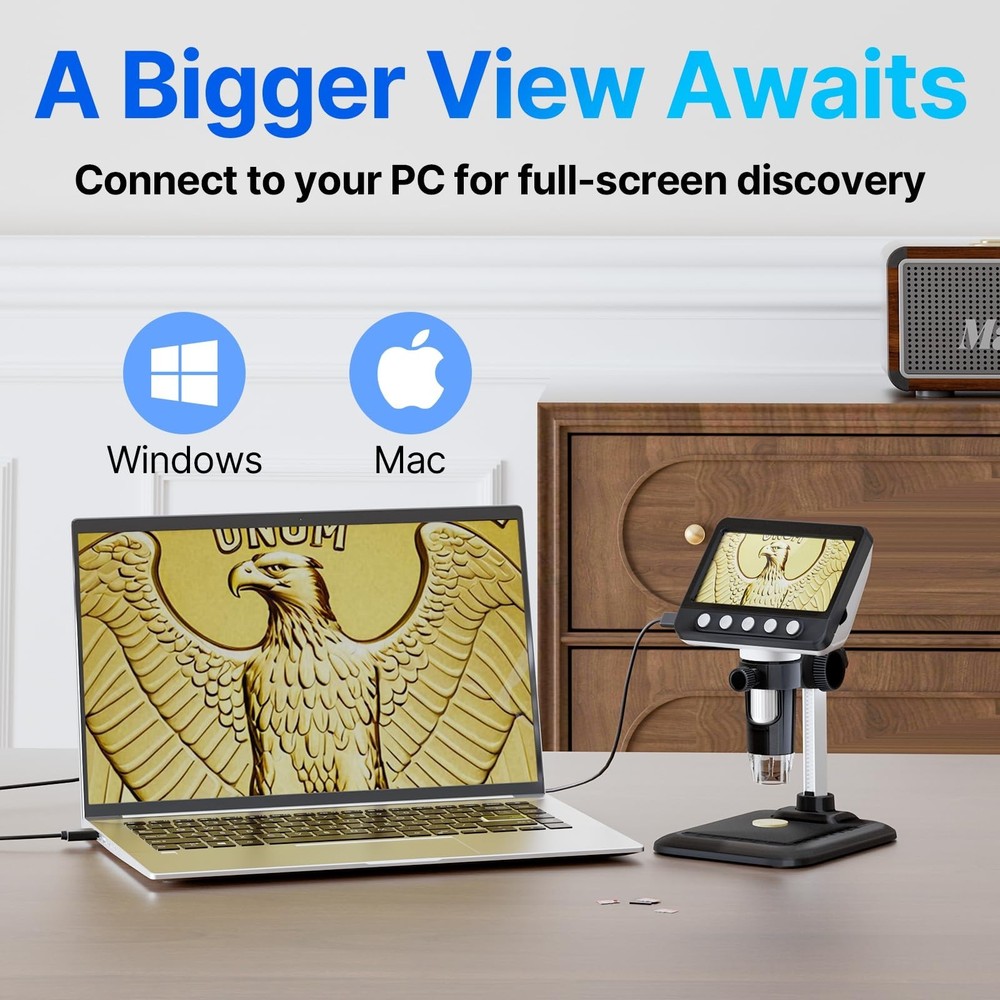 Digital Microscope, 4.3" LCD USB Coin Microscope, 1000X 1080P Error Coin Magn...