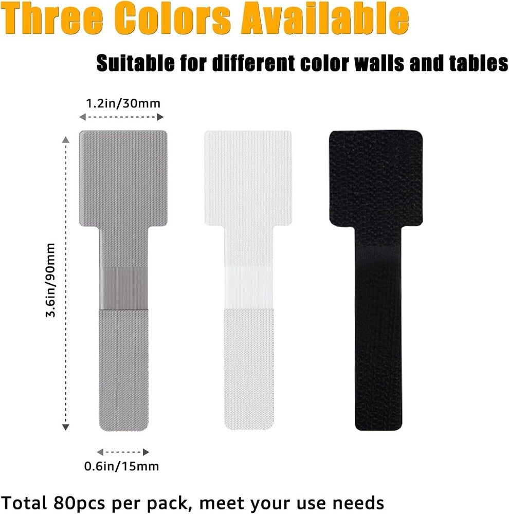Adhesive Cable Ties 80pk, Hook & Loop Black