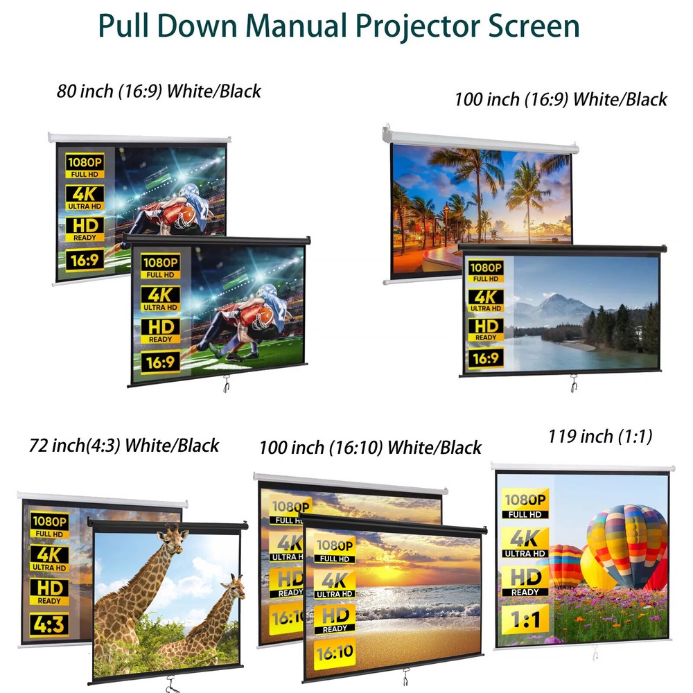72''/80''/100''/119'' Projector Screen Pull Down Projection Screen Home Theater