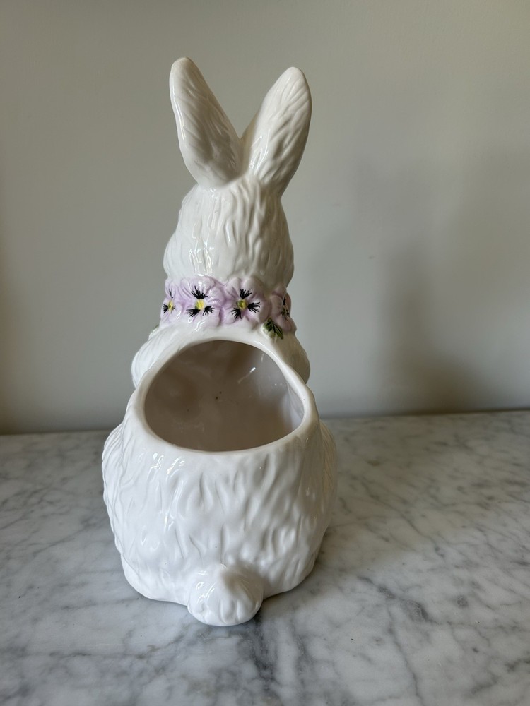 Ceramic Rabbit Planter White with Pink Bow & Purple Floral Design Easter