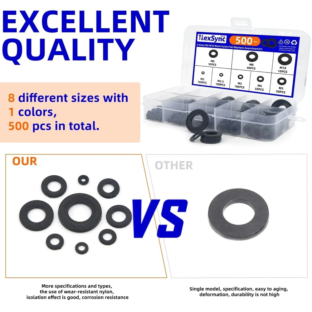 500pcs Nylon Flat Washer Assortment Set M2–M10 Sealing Washers Hardware Kit