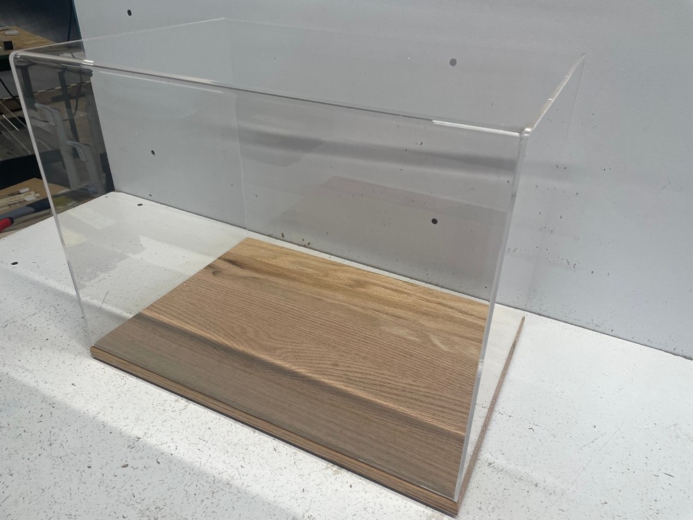 Motocross racing helmet acrylic display case 85% UV filtering solid oak base