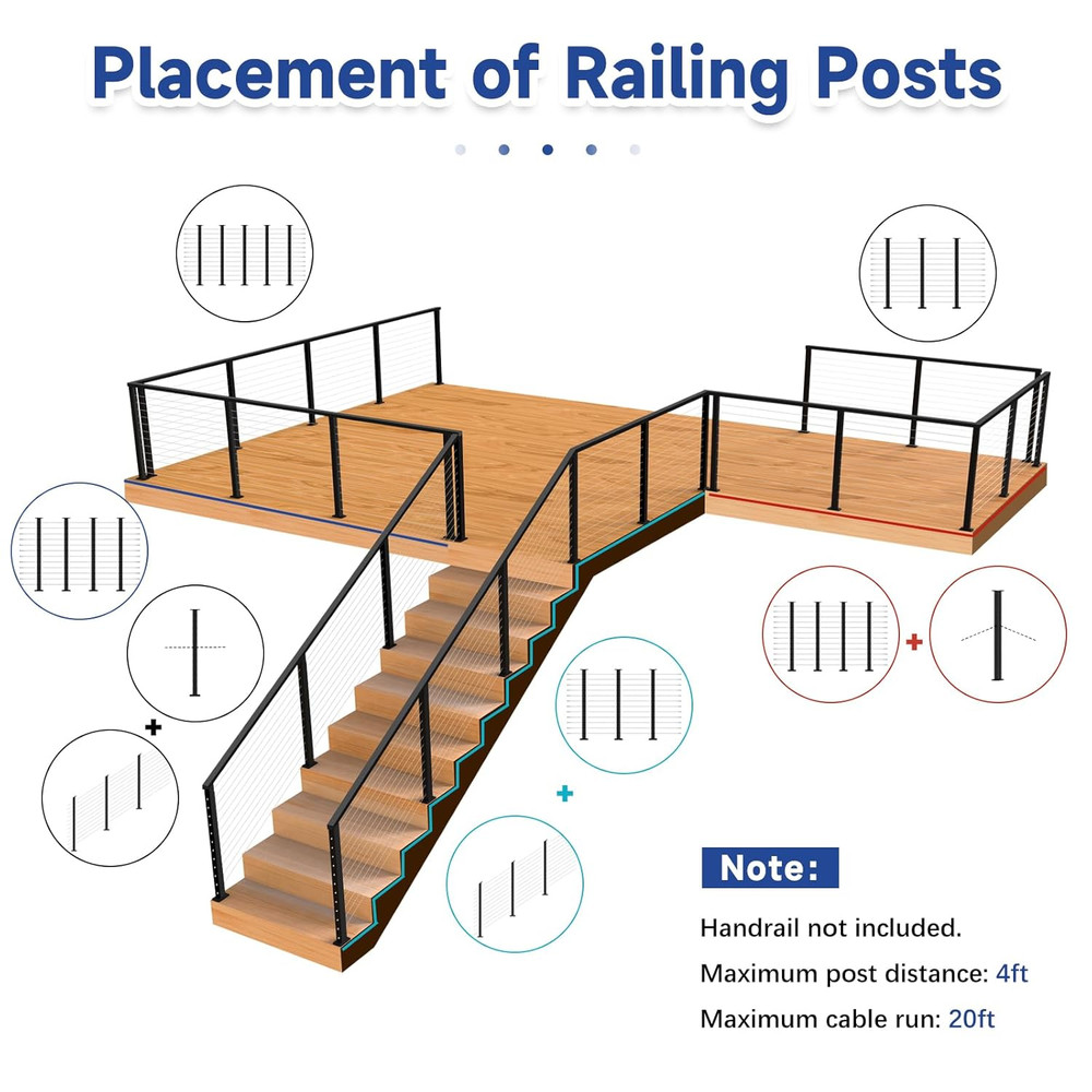 Modular Cable Railing Post Kit 12-16FT with 4 Posts & 197FT Cable System