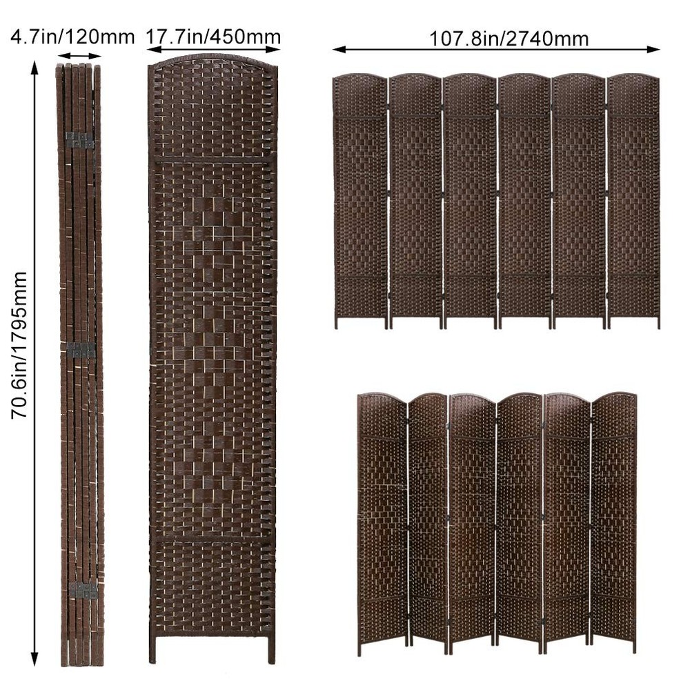 6 Panel Folding Wooden Room Divider Brown