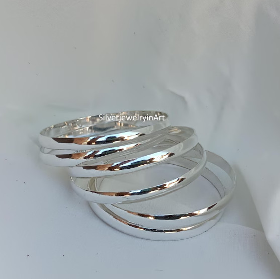 Handmade Sterling Silver Half Round Bangle 7Set - Stackable Woman Bangles Si100