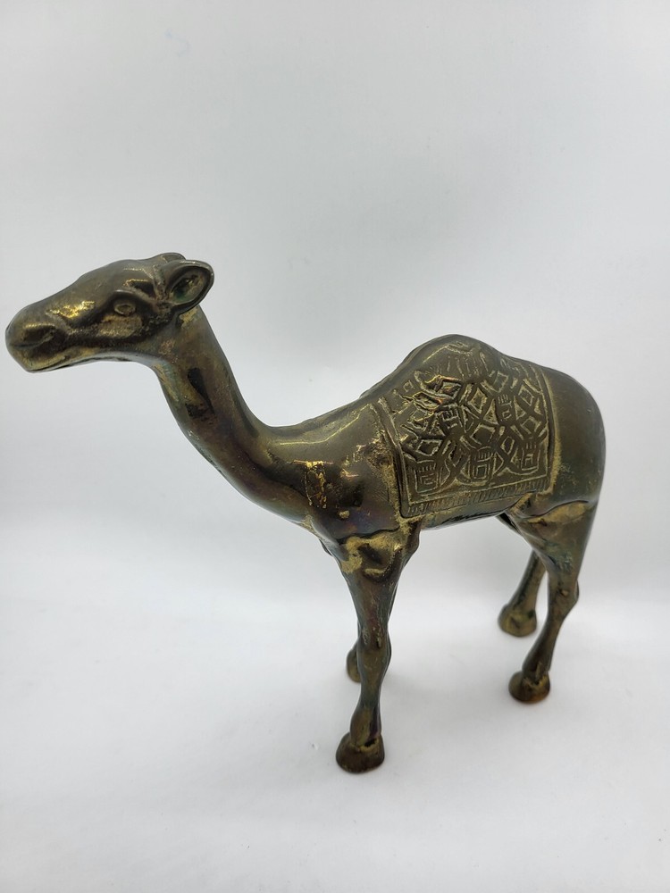 Vintage Solid Brass Camel Statue Figurine w/ Etched Embossed Blanket Design