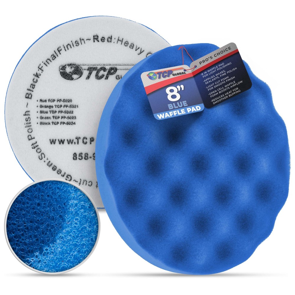 TCP Global 8" Blue Waffle Foam Buffing Pad Hook and Loop Backing  Light Cut P...