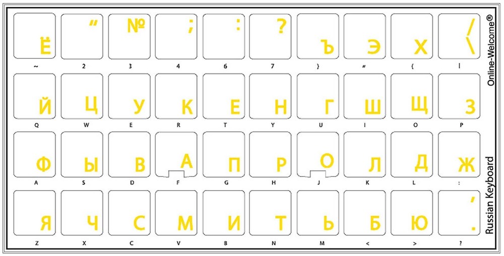 RUSSIAN KEYBOARD STICKER TRANSPARENT YELLOW LETTERS LABEL