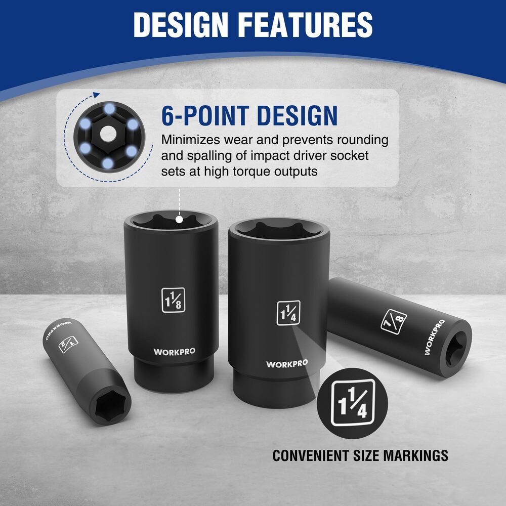 WORKPRO 14Piece 1/2" Drive Deep Impact Socket Set 6-Point 3/8"-1-1/4" SAE w/Case