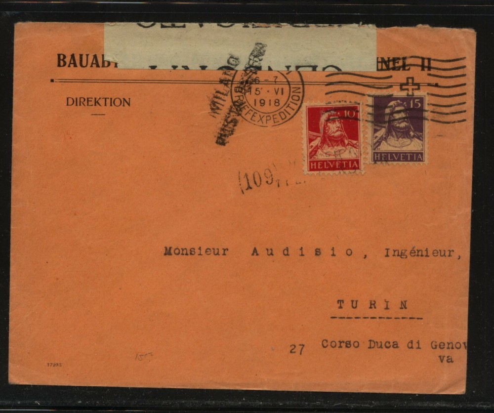 Switzerland  WW1  censor   cover  1918           MS0608