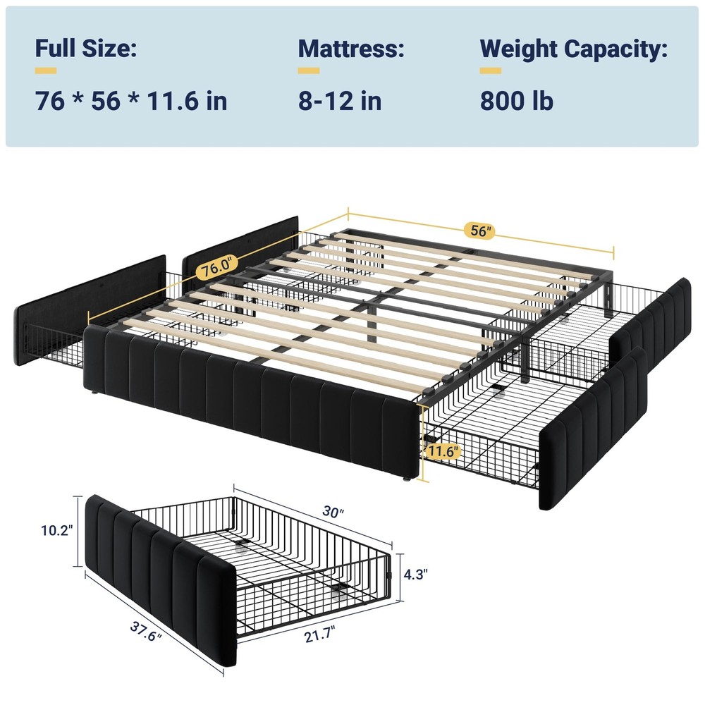 Full Size Platform Bed Frame with 4 Large Storage Drawers, Velvet Vertical Ch...