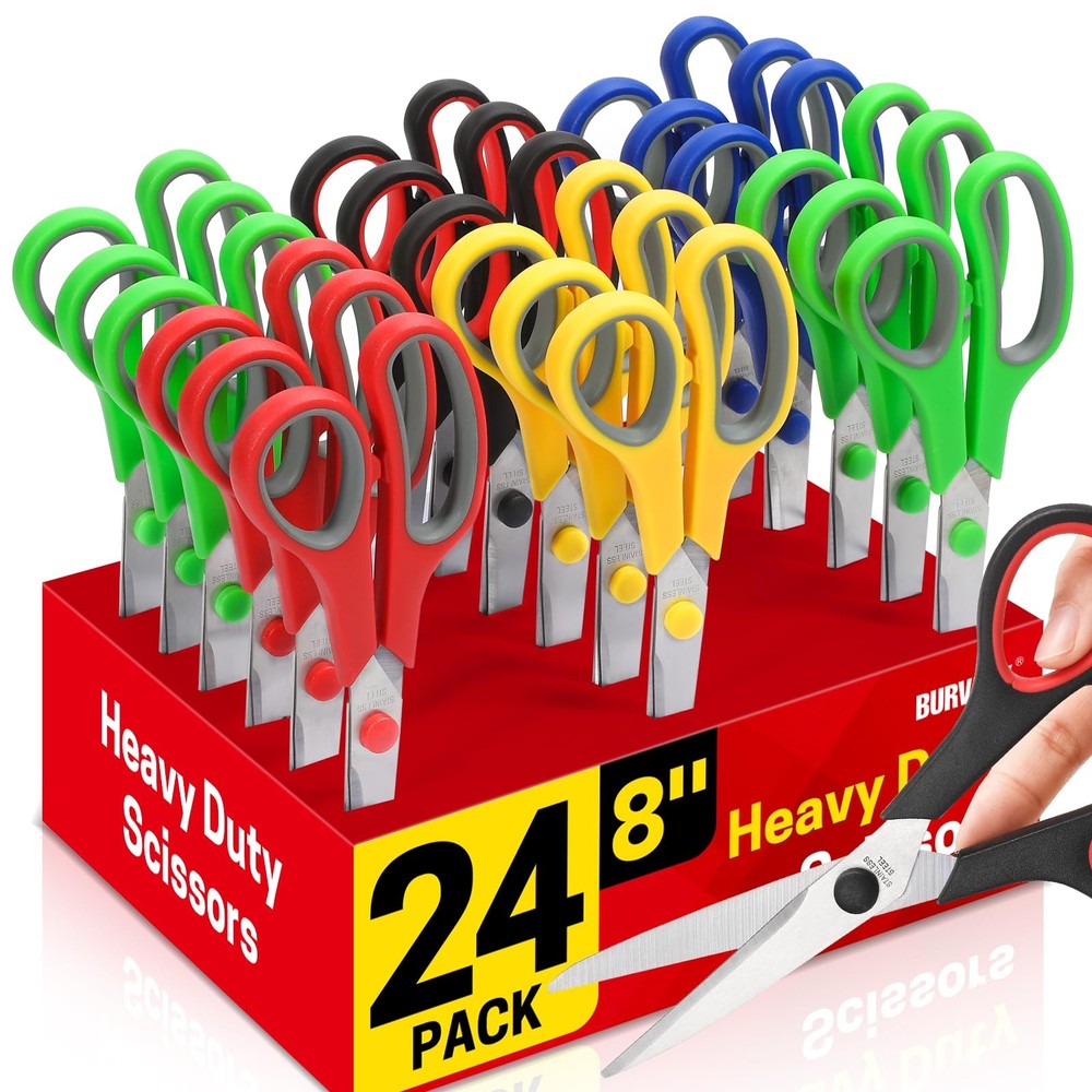 BURVAGY 24-Pack 8" All Purpose Heavy Duty Sharp Scissors Bulk for 24 Pack