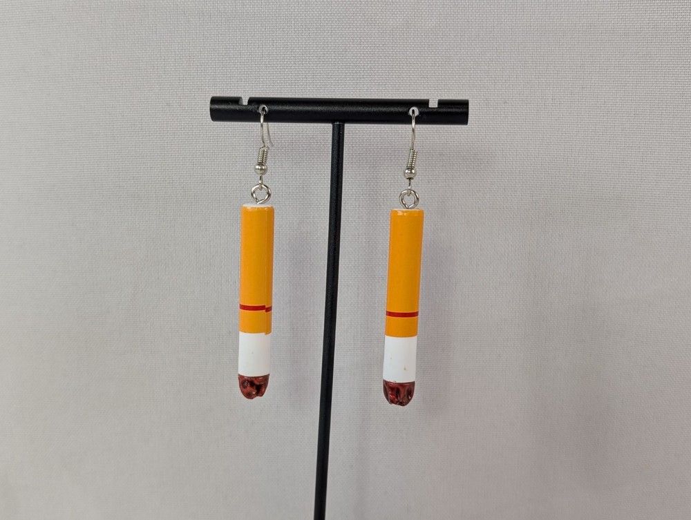 Lit Cigarette Silver Tone Hook Drop Dangle Pierced Earrings Smoking Halloween