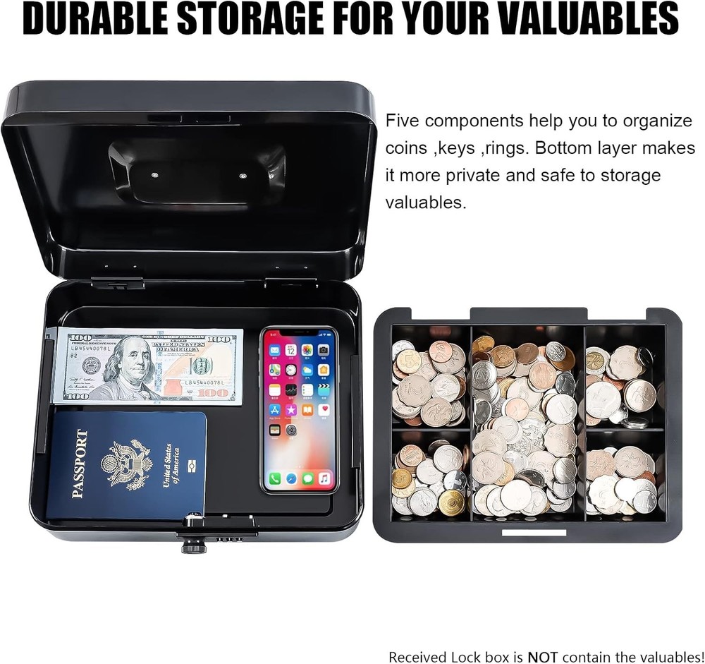 Large Combination Lock Cash Box with Compartments - Secure Money Storage 9.84"