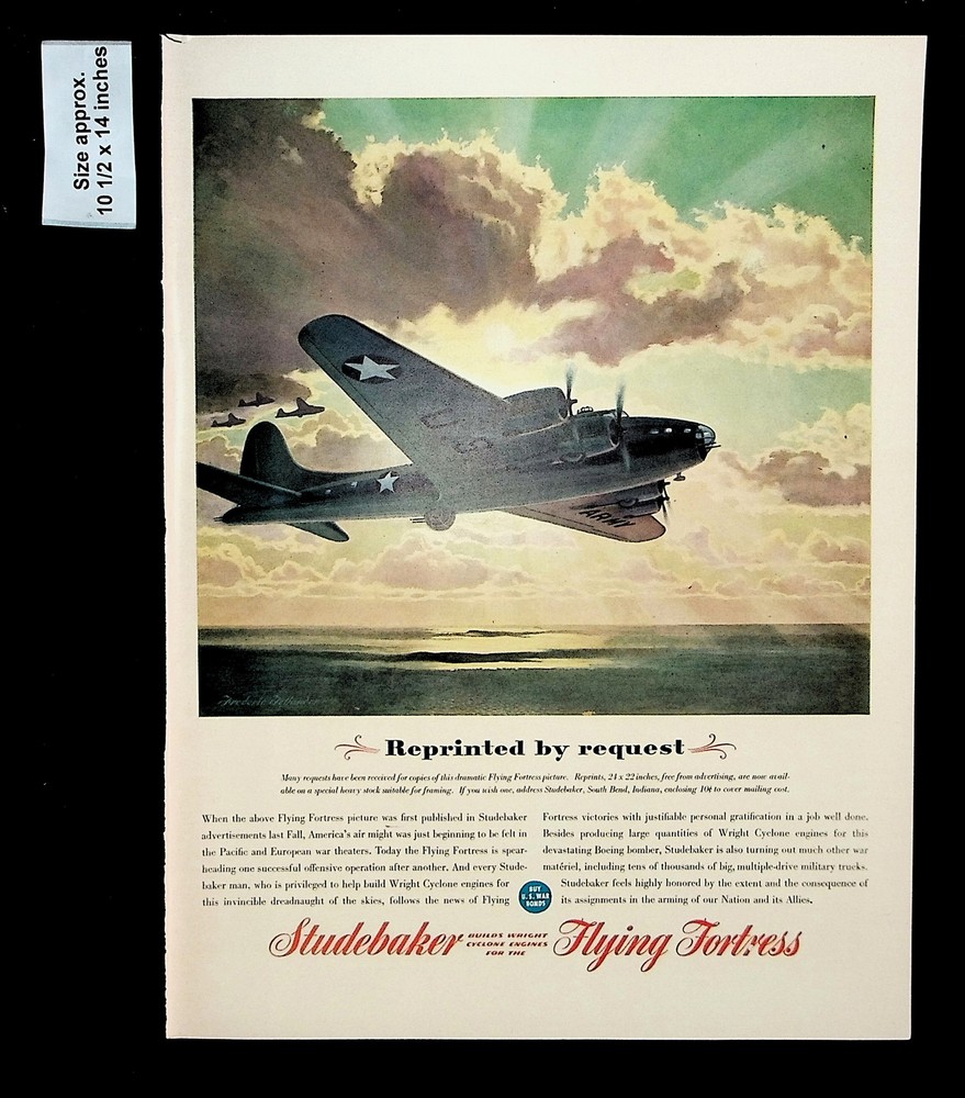 1943 Studebaker Flying Fortress Wright Engines Plane Vintage Print Ad 33052