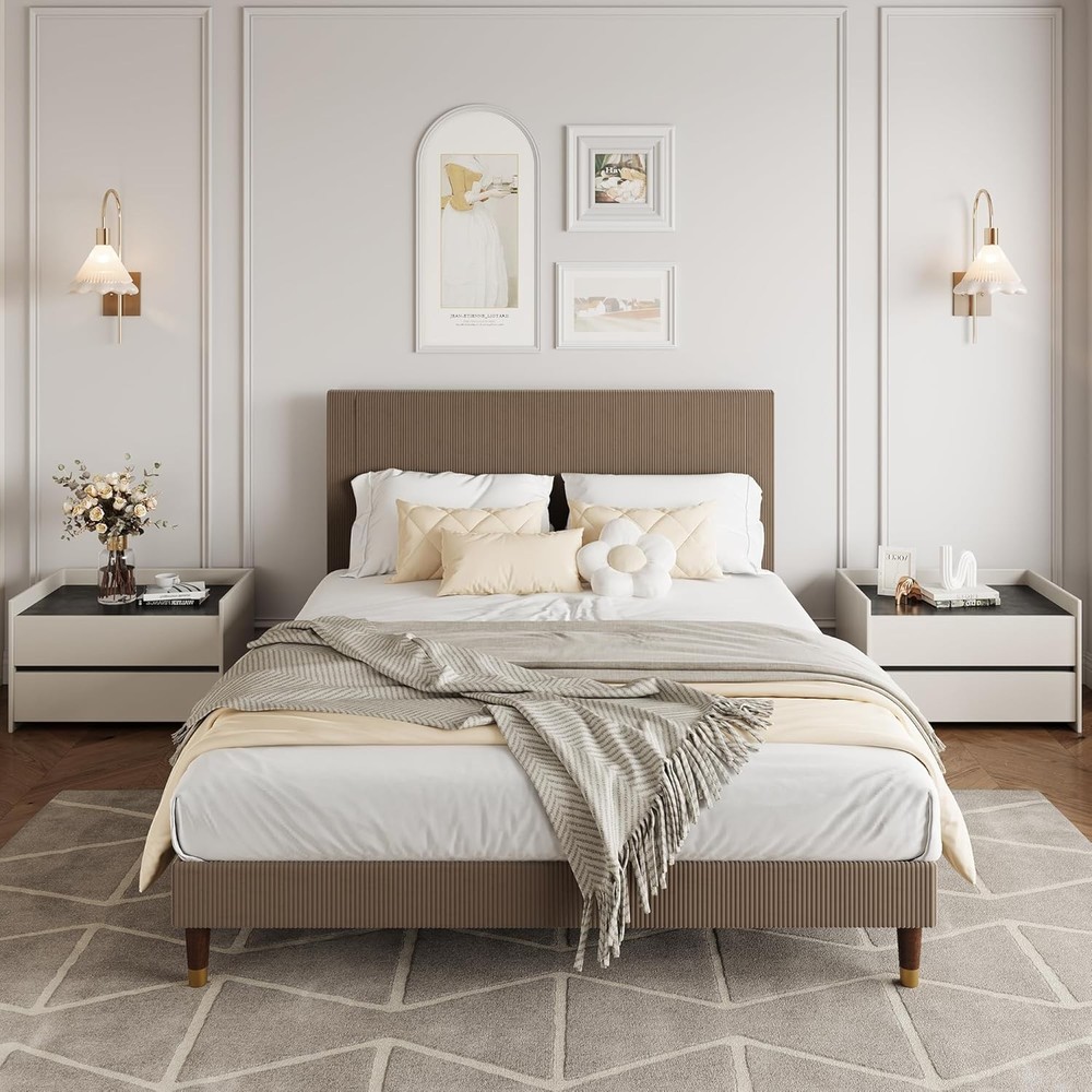 Queen Size Upholstered Bed Frame,Brown Platform Bed with Modern Fabric Headboard