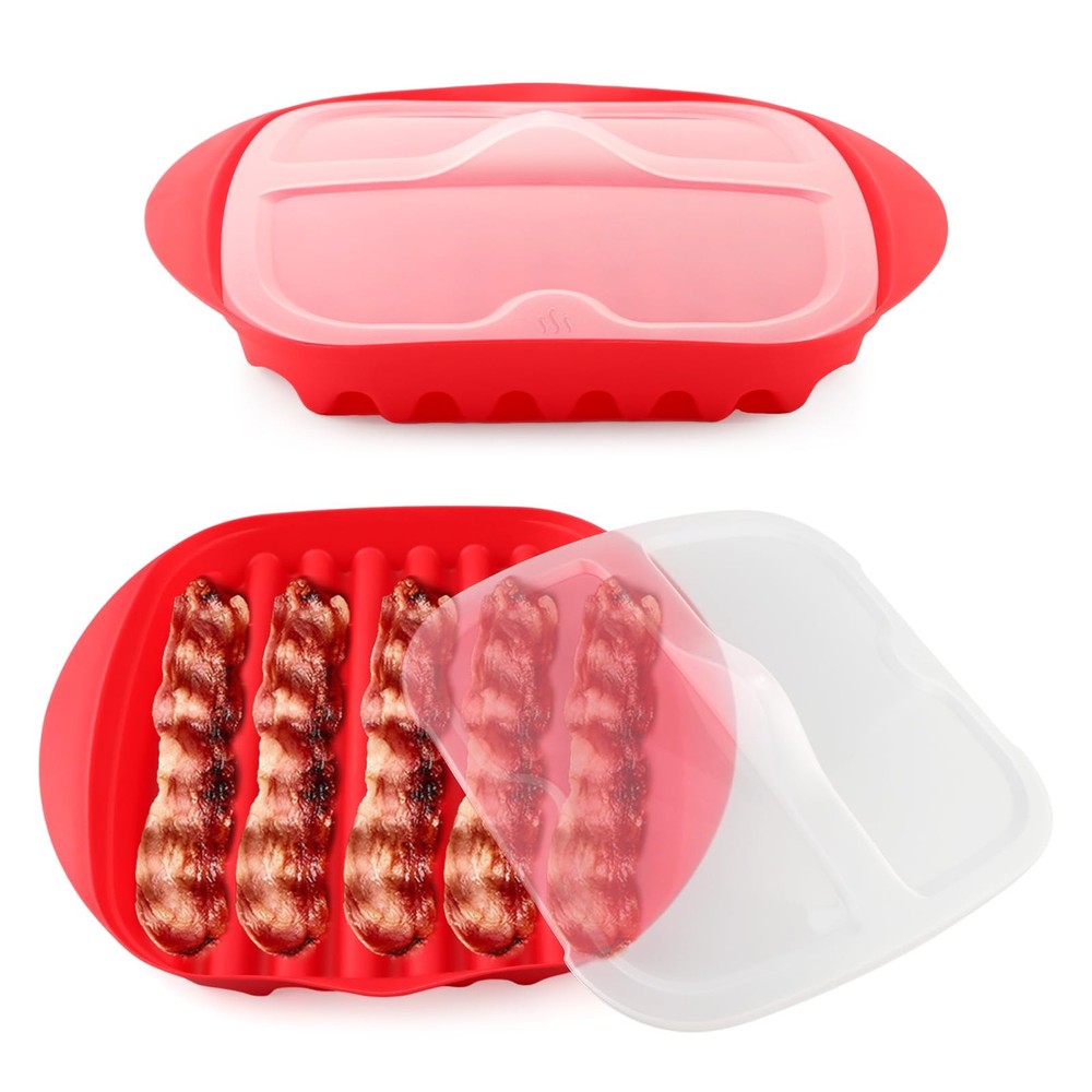 Microwave Bacon Tray with Splatter Lid, Bacons Rack, Easy Red
