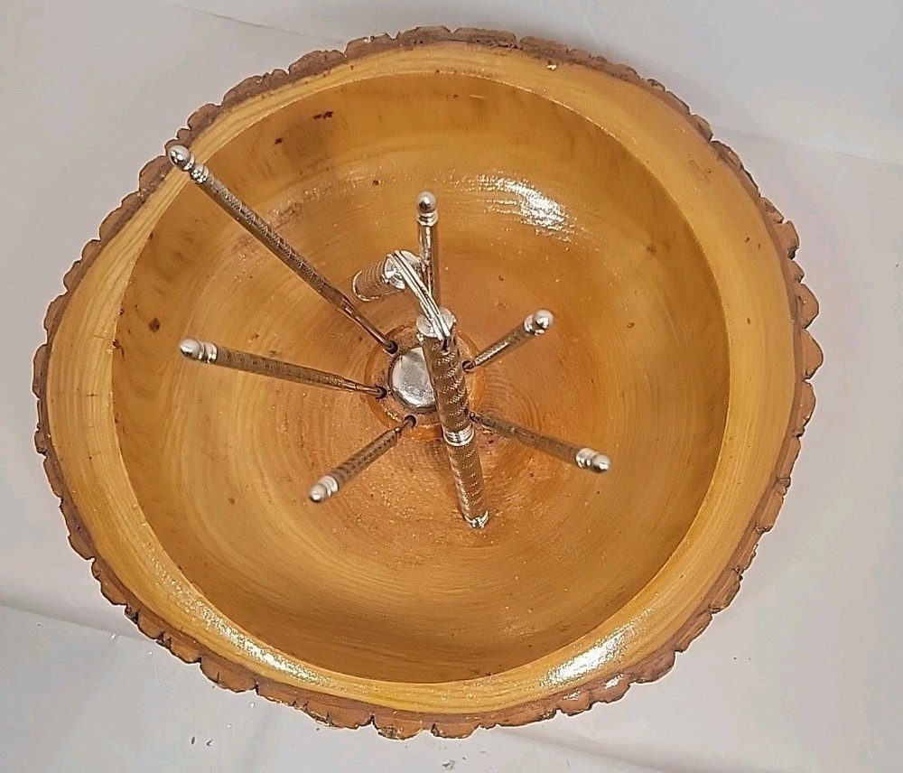 Vintage Solid Wood Tree Bark Nut Bowl with Nutcracker & 6 picks