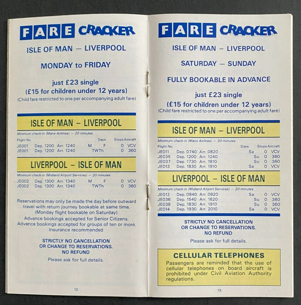 Manx Airlines Timetable Effective October 25, 1987
