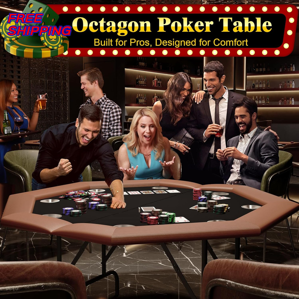 8 Player Poker Table Octagon Foldable Card Table with Locking Collapsible Legs