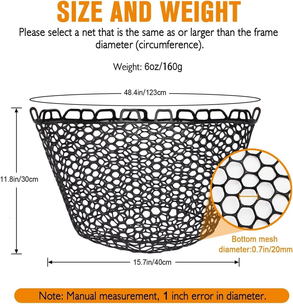 Clear Black Rubber Fishing Net Replacement Netting, Foldable, 5 Sizes