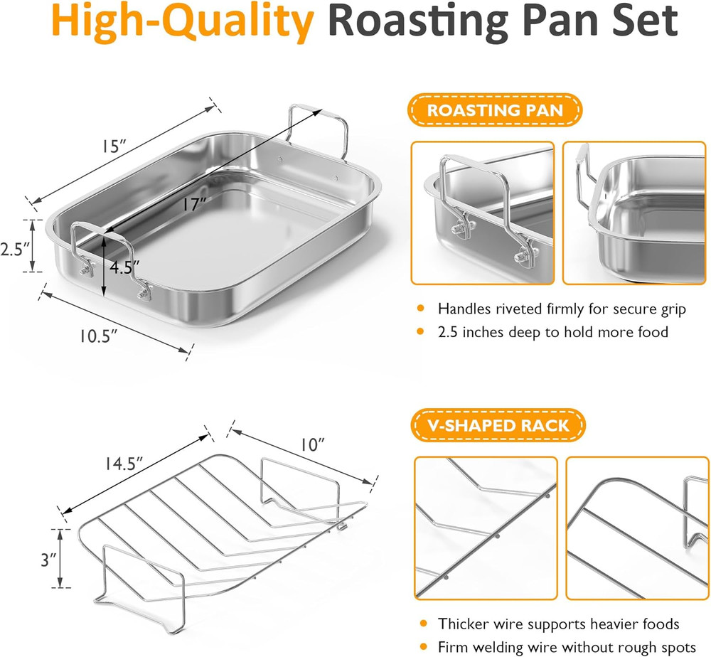 15.6'' Roasting Pan with V-Shaped Rack, Rectangular Lasagna Pan with Handle, Non