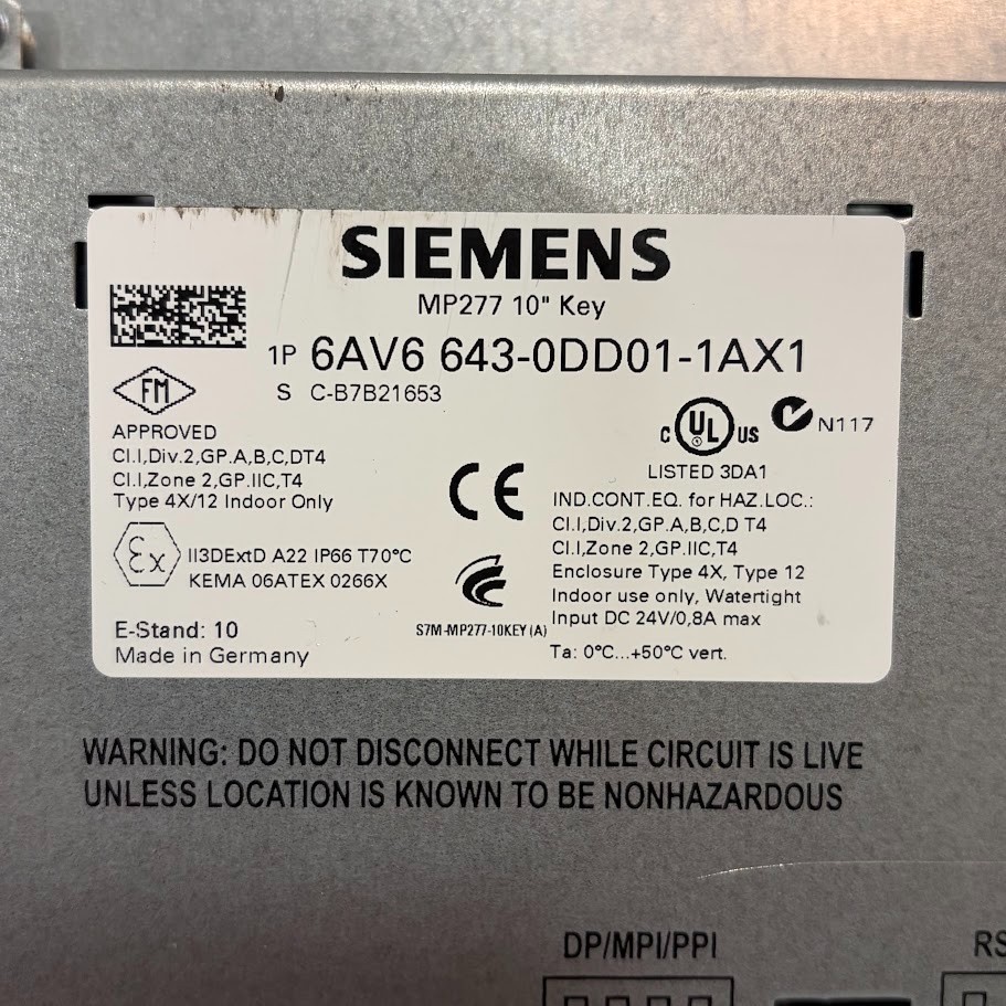 Used - Siemens 6AV6643-0DD01-1AX1 Multi Panel Interface Display MP277 10”