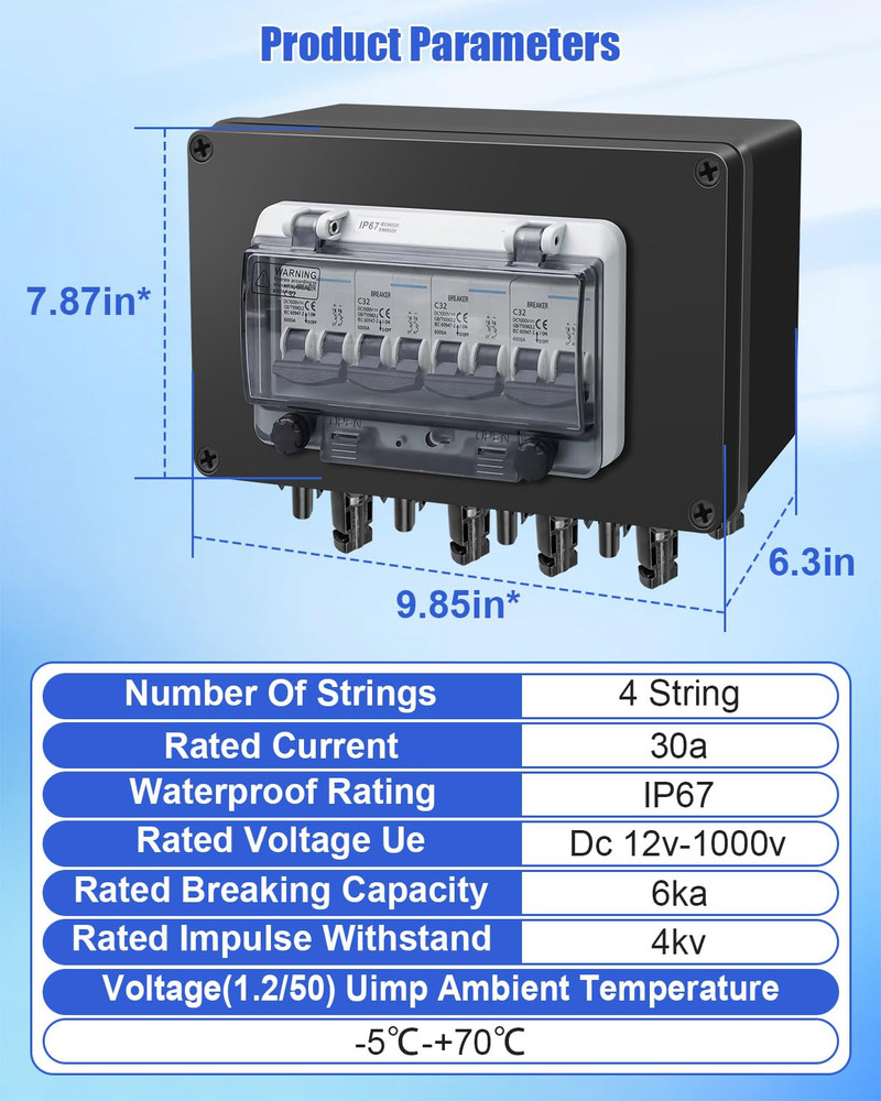 Solar Panel Disconnect Switch 4 String 32 Amp DC Circuit Breaker Box, Waterproof