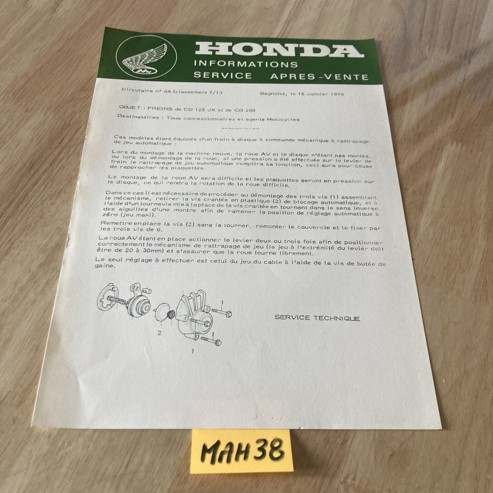 Honda Motorcycle 1974 CB125JX CB200 Technical Note SAV Disc Brake Installation
