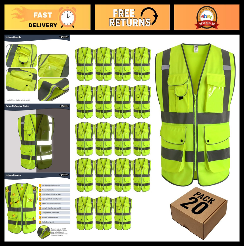 20 Pack High Visibility Safety Vests Class 2 with Reflective Strips, ANSI/ISEA C