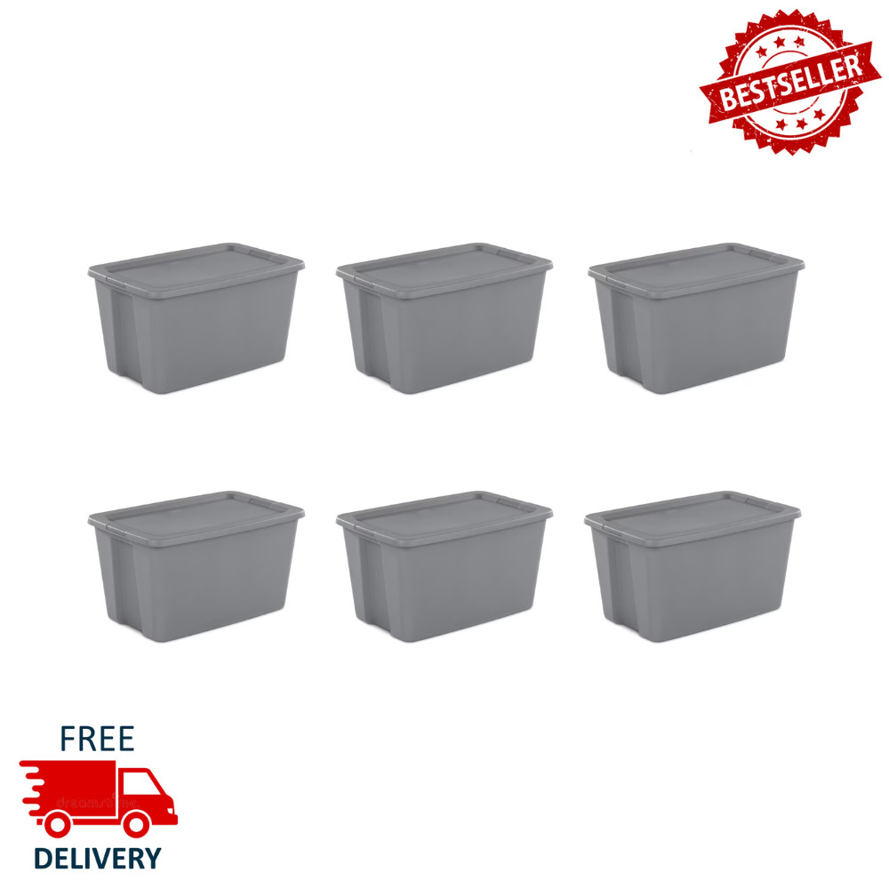 Sterilite 30 Gal Stackable Plastic Storage Bin Tote, Gray Latching Lid, 6 Pack