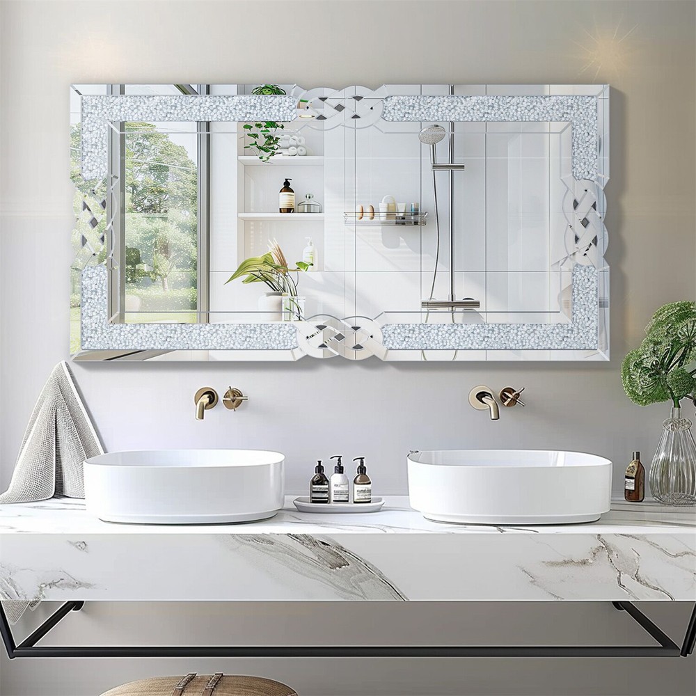 48'' Crystal Crush Diamond Inlay EdgeRectangle Silver Mirror for Wall Decoration