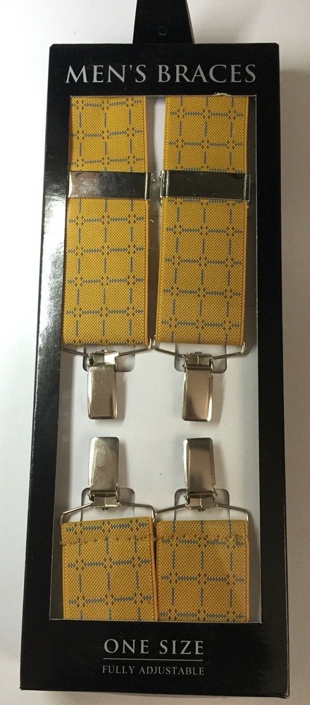 Mens Braces Yellow with Blue Square One Size Fully Adjustable Chrome Fitting BG1