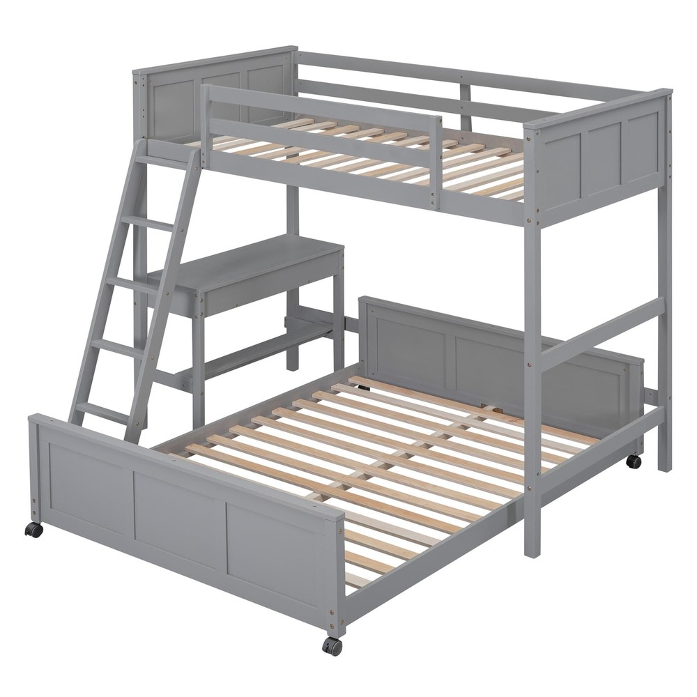 Twin Over Full Bunk Bed with Desk White/Gray