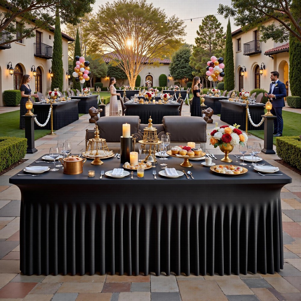 6FT Table Cloth for Rectangle Tables, 2 Pack Black Spandex Table Skirs, Fitte...