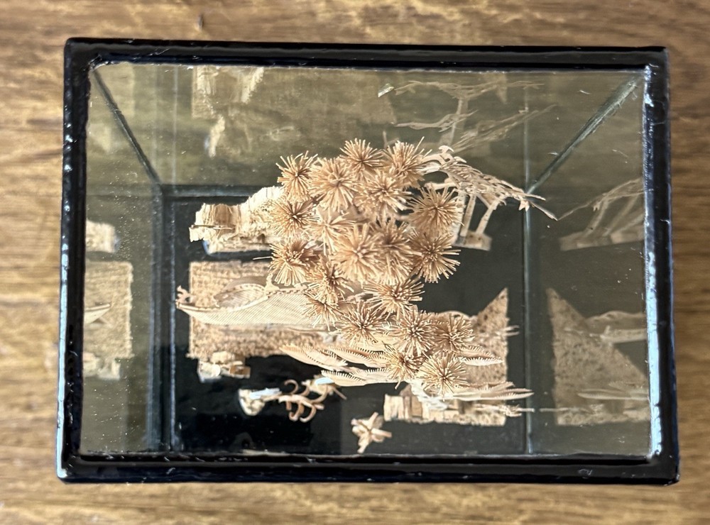 Chinese Cork Carving 3D Diorama Scene 7” Tabletop Decor Rectangle Case