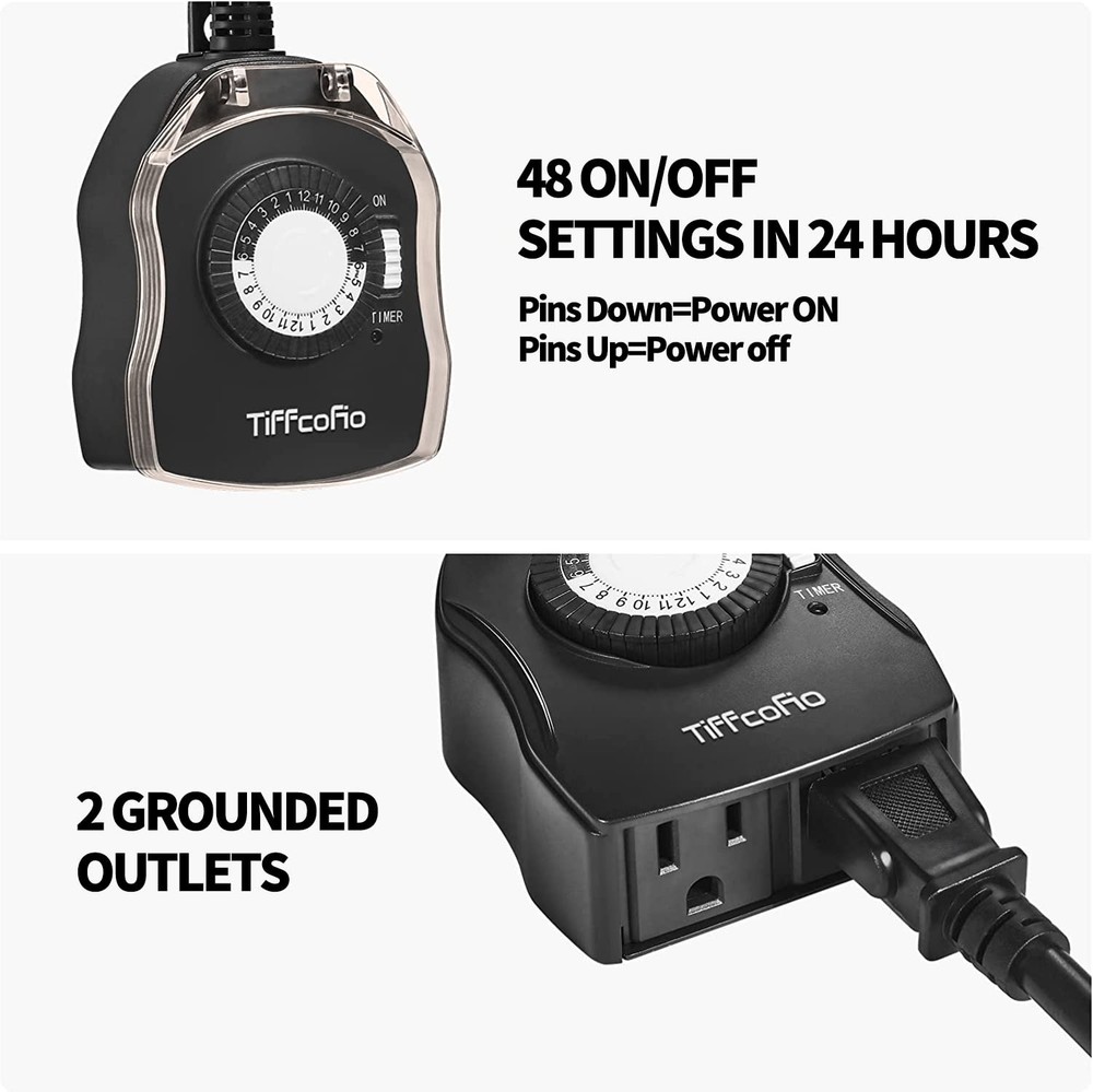 TiFFCOFiO Outdoor Timer Outlet, 24 Hour Mechanical 1pack, Black