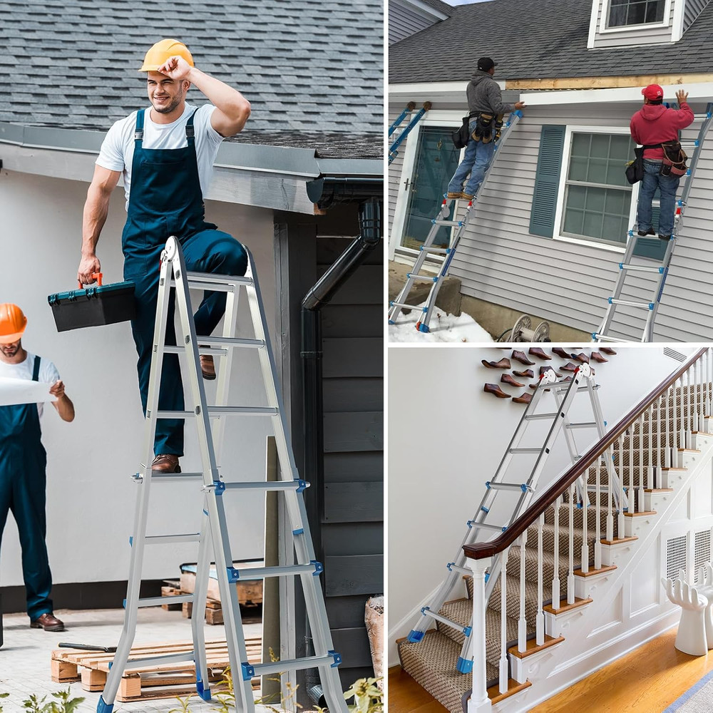 4-Step Telescoping Ladder, 17ft Reach, 330lbs Capacity, Wheels & Flared Legs