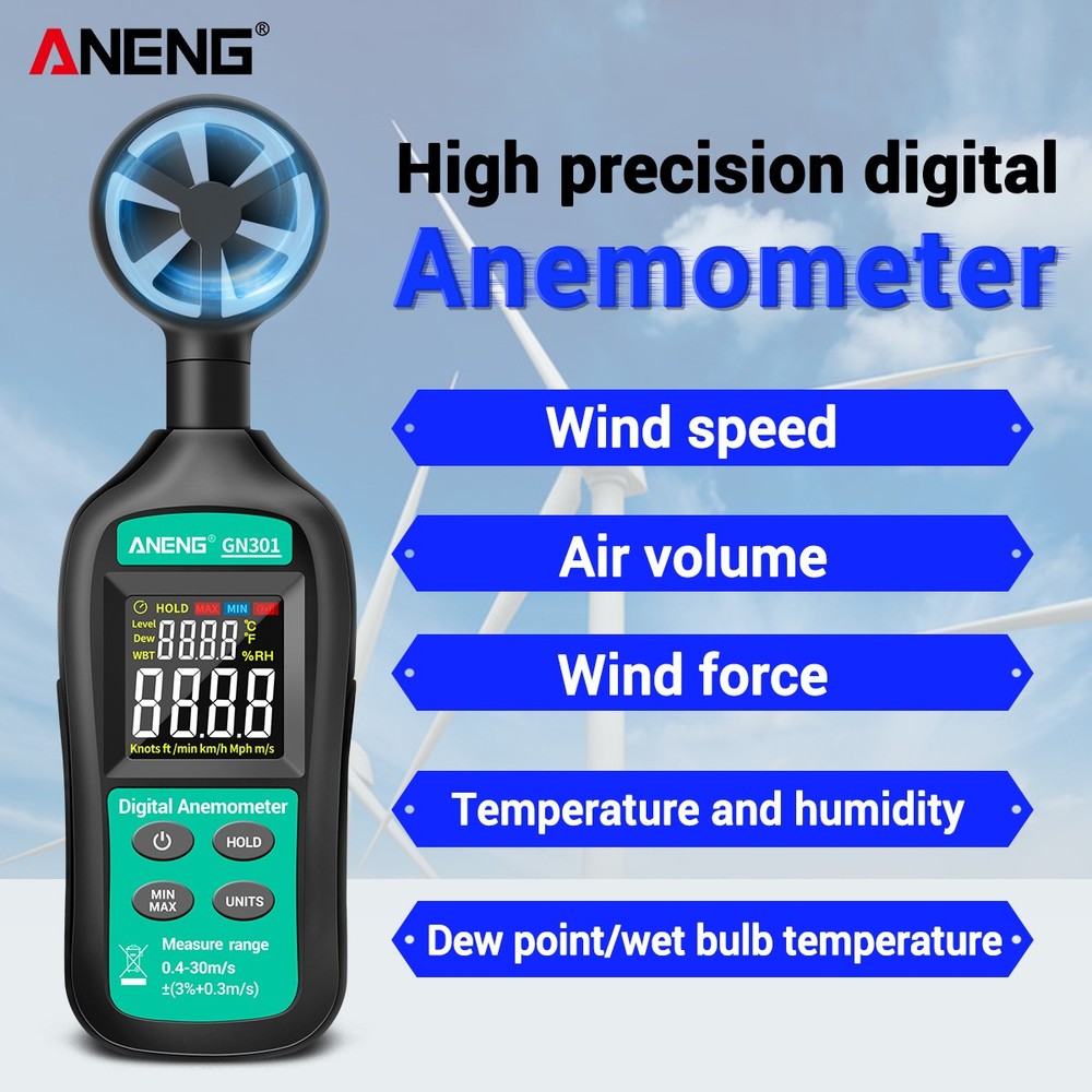ANENG GN301 Digital Anemometer Wind Speed Meter Temperature LCD Backlight