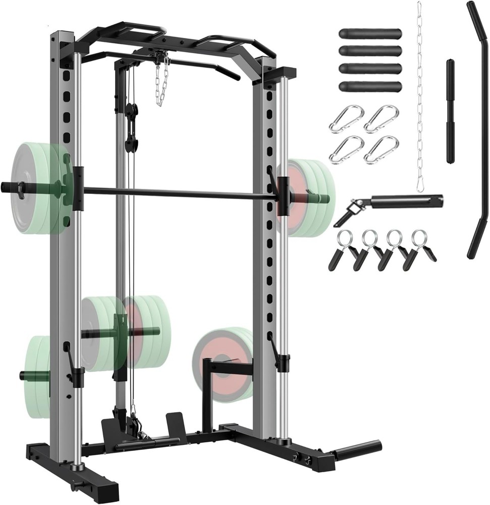 Smith Machine, Multifunctional Power Cage Rack with Barbell Bar and Cable Row US