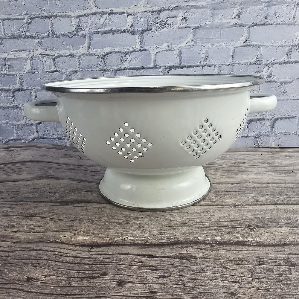 White Enamel Colander 10" Metal Strainer Silver Trim
