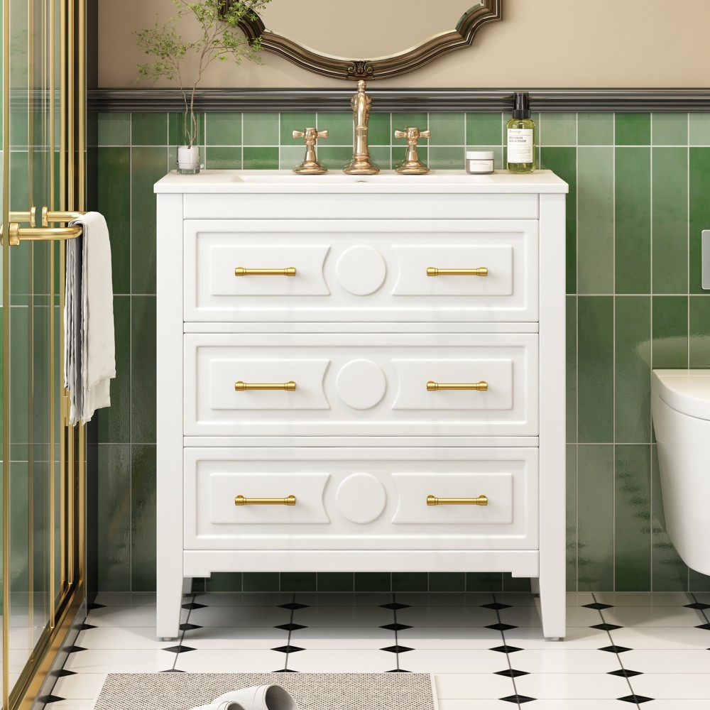 30'' Bathroom Vanity w/Ceramic Sink Combo 3 Drawers, Solid Wood Storage, White