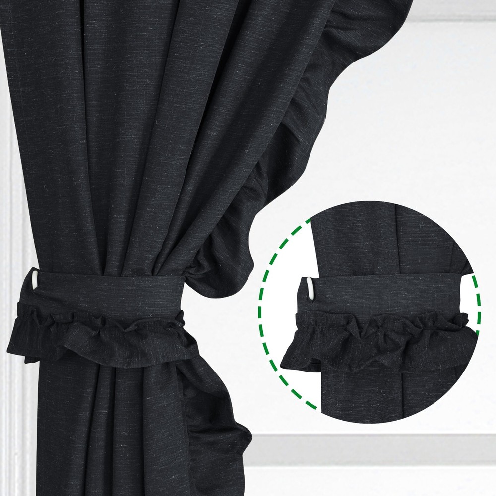 Linen Window Curtain 2 Panel Set, Rustic Style Decoration Ruffled Edge Tie Backs
