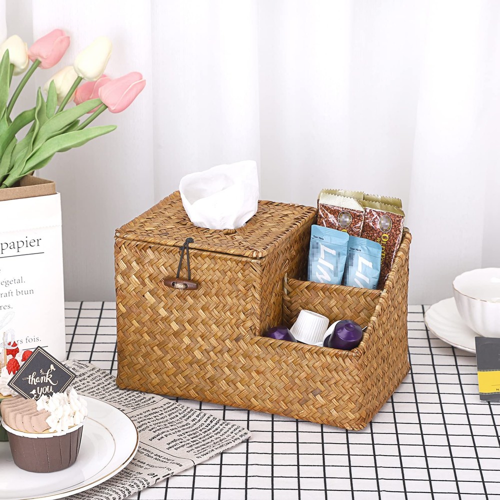 Square Woven Tissue Box Cover - Decorative Cube Tissue Box Holder with Side O...