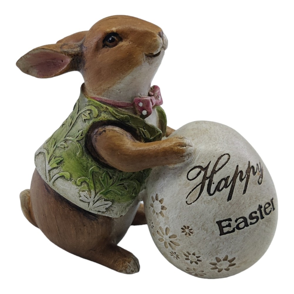 Resin Bunny Rabbit Figurine w Egg Happy Easter