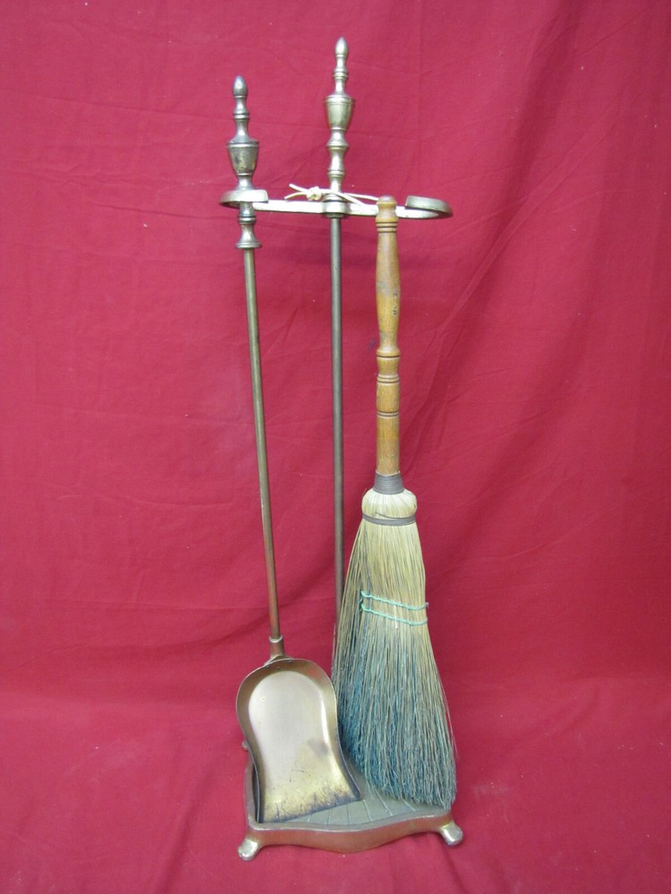 Vintage Antique Brass Fireplace Tool Set 2 Piece Tools Footed Stand